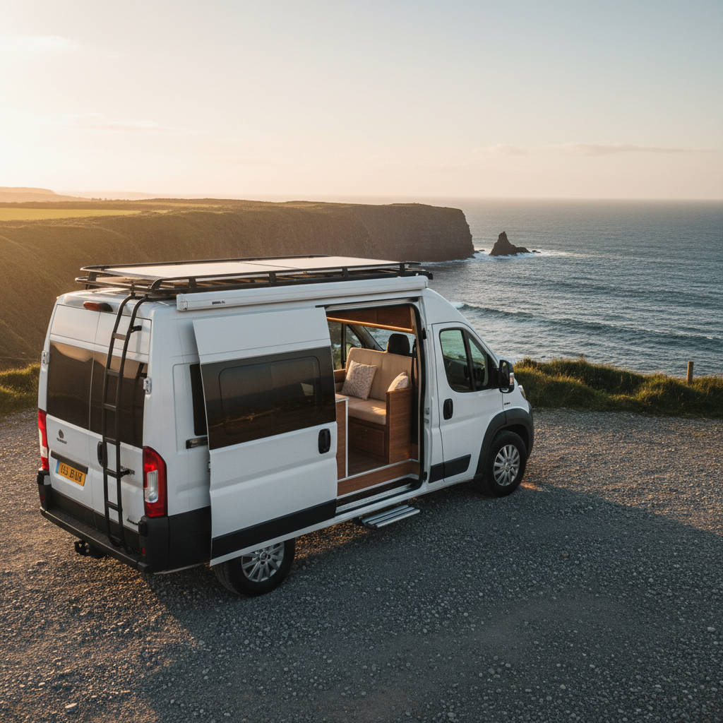 A beautifully finished long-wheelbase camper van parked on a coastal layby overlooking rugged Irish cliffs and the Atlantic Ocean. The van features a clean white exterior with subtle graphite accents, roof rack with solar panels, and an extended awning partially deployed. Inside, warm wooden cabinetry and soft LED strip lighting are visible through the open side door. Captured in photographic realism during golden hour, with low sun casting soft highlights along the van’s bodywork and gentle shadows on the gravel. Shot at eye level with a wide-angle lens, using the rule of thirds to balance van and landscape, creating a professional, aspirational yet practical mood that communicates road-ready freedom and quality craftsmanship.