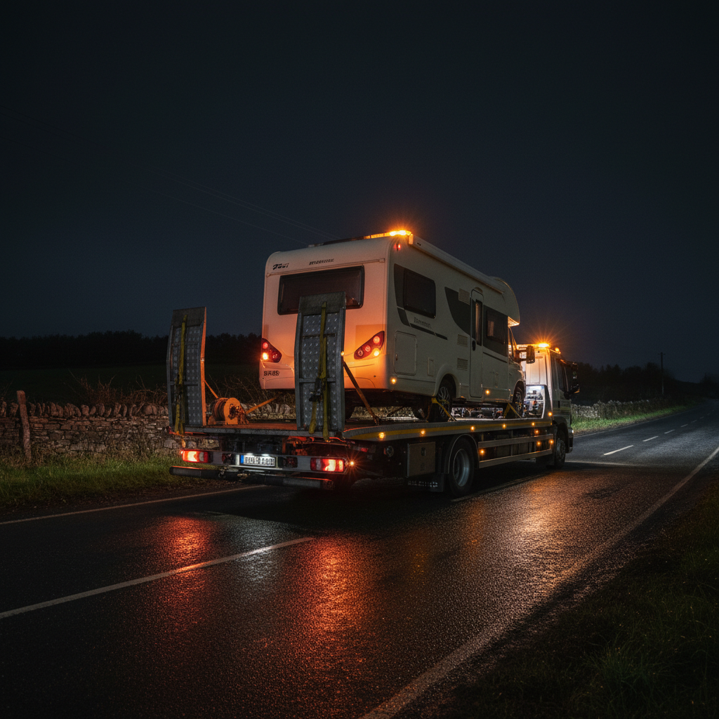 A professional 24/7 vehicle recovery scene at night featuring a robust recovery truck loading a modern camper van onto its flatbed on a quiet rural Irish road. The truck’s amber LED beacons cast warm, rhythmic reflections across the wet tarmac and the glossy sides of the camper. Headlights create strong directional light, forming dramatic yet controlled shadows, while the background fades into soft darkness with hints of hedgerows and stone walls. Photographic realism from a low, three-quarter angle highlights the secure wheel straps and clean equipment. The mood is reassuring and composed, emphasizing reliability, safety, and around-the-clock support without any human figures present.