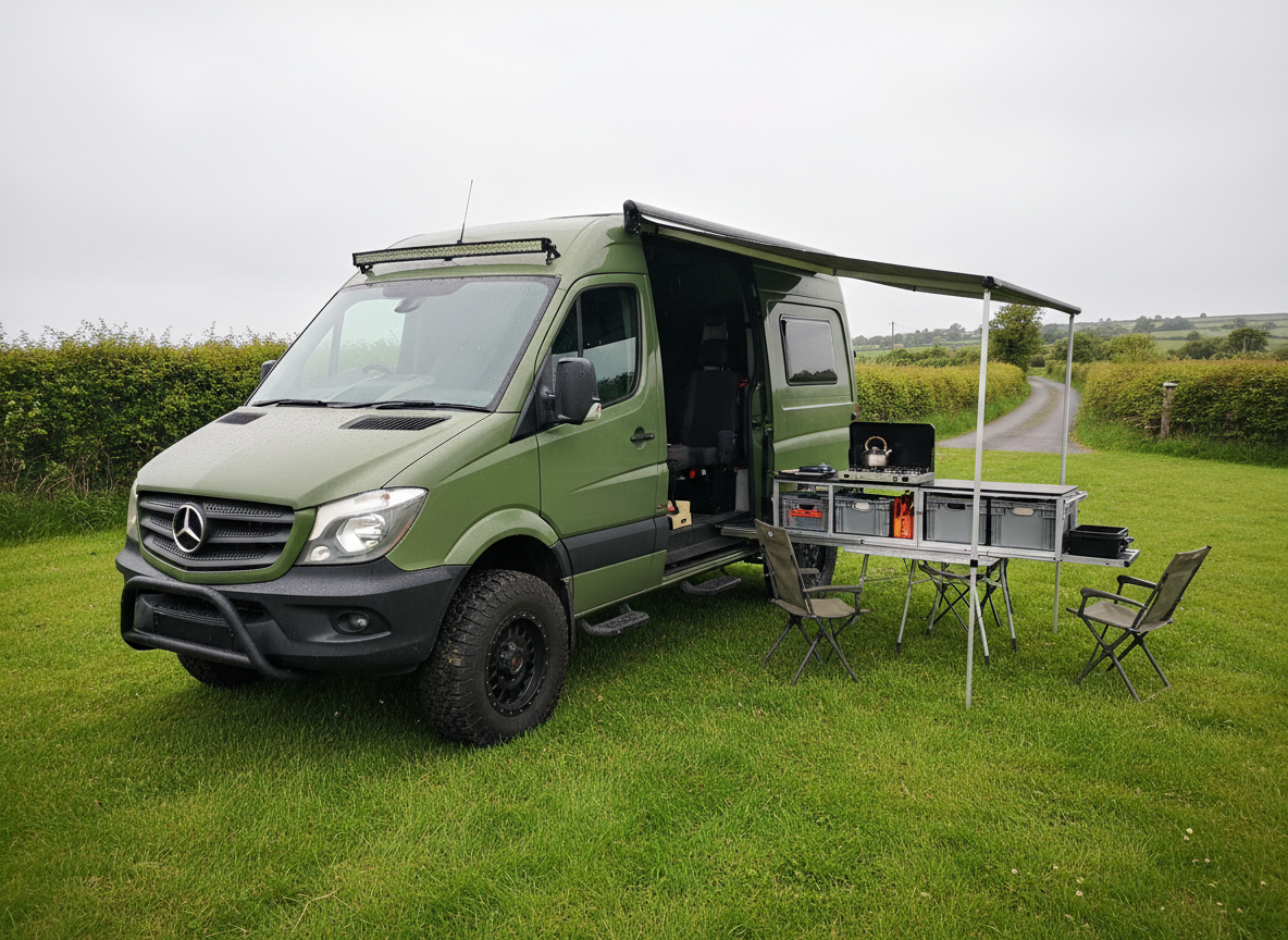 A rugged camper van set up for an off-grid weekend in the Irish countryside, parked on a grassy clearing beside a narrow country lane. The van has all-terrain tires, a raised suspension, black rock sliders, and a discrete LED light bar mounted above the windshield. An awning extends from the side, shading a compact outdoor kitchen module that slides neatly from the rear, revealing organized storage crates and a portable gas stove. Overcast daylight provides soft, diffused lighting, giving the image a calm, dependable atmosphere. Photographic realism with a three-quarter front angle and moderate depth of field keeps van and immediate surroundings in sharp focus while gently softening distant hedgerows and rolling hills.