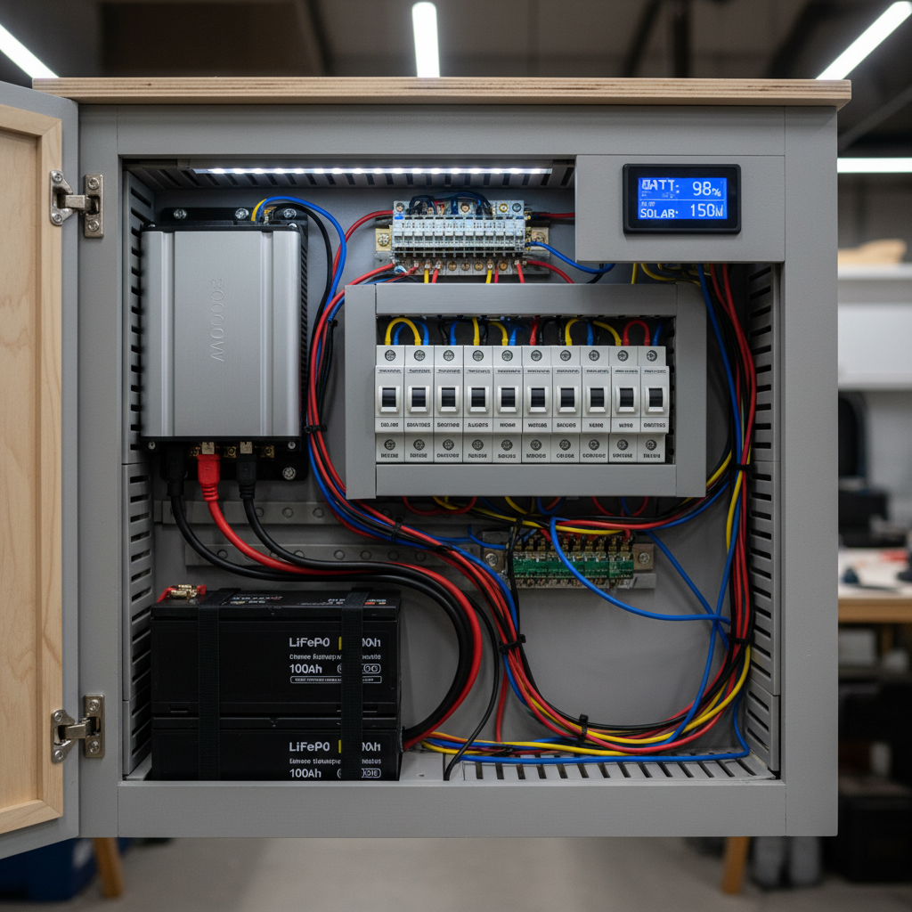 A detailed close-up of a camper van electrical system neatly installed inside a light grey cabinet. The image focuses on labeled circuit breakers, a compact inverter, lithium battery bank, and tidy cable management with color-coded wiring secured by black cable ties and trunking. A digital control panel with a soft blue backlit display shows battery percentage and solar input. Photographic realism with soft, indirect workshop lighting creating gentle highlights on metal terminals and matte plastic housings. Captured straight-on with sharp focus and a shallow depth of field that subtly blurs the cabinet edges, the mood is highly professional and technical, emphasizing safety, organization, and quality engineering in the conversion process.