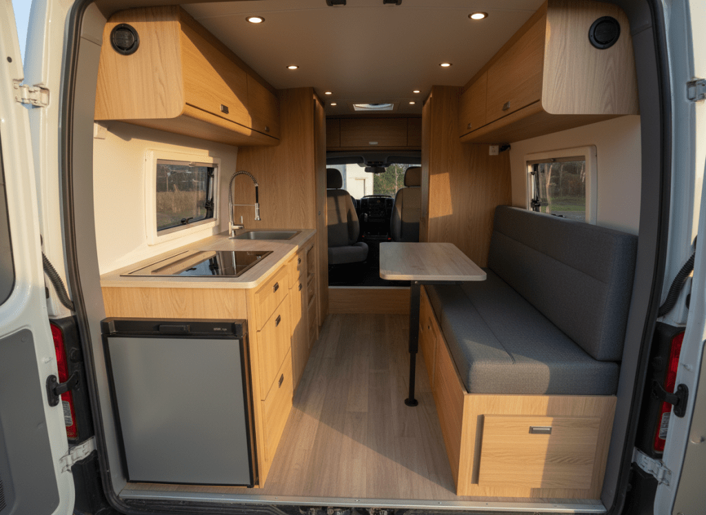 A fully finished camper van interior looking from the rear doors toward the front, captured in photographic realism. Built-in cabinetry in light oak with soft-close hardware lines both sides, housing a compact fridge, induction hob, and deep stainless-steel sink. A neatly made bench-bed with charcoal grey upholstery and integrated storage drawers sits opposite a slimline dining table with a matte black leg. Warm dimmable LED downlights illuminate the space, while late-afternoon natural light filters through a small side window, casting gentle, inviting shadows. Shot at eye level with a slightly wide lens to show the full layout, the mood is cozy yet practical, conveying road-ready comfort, professional design, and efficient use of space.