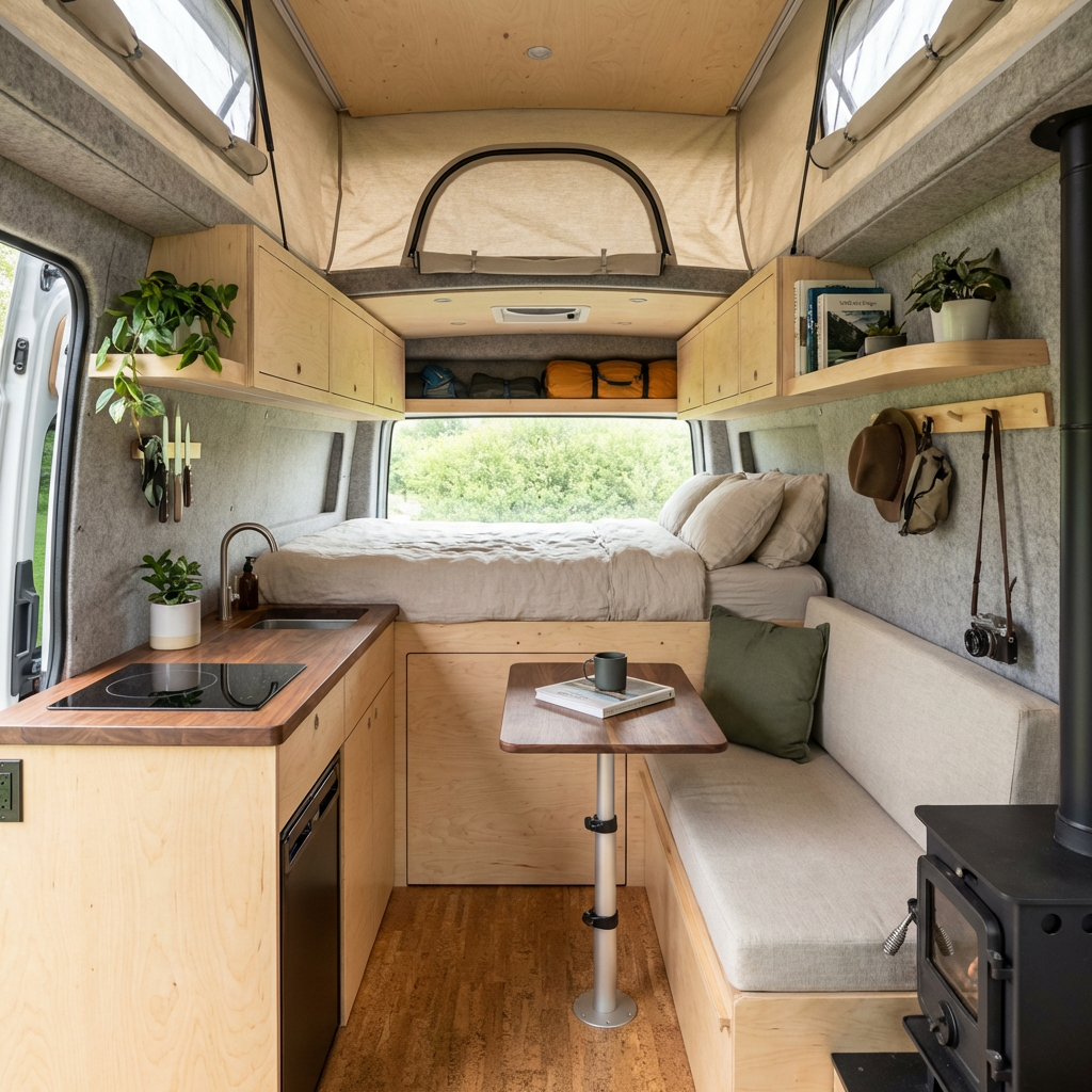 Interior of a modern camper van with wooden cabinetry, a platform bed, and kitchenette.