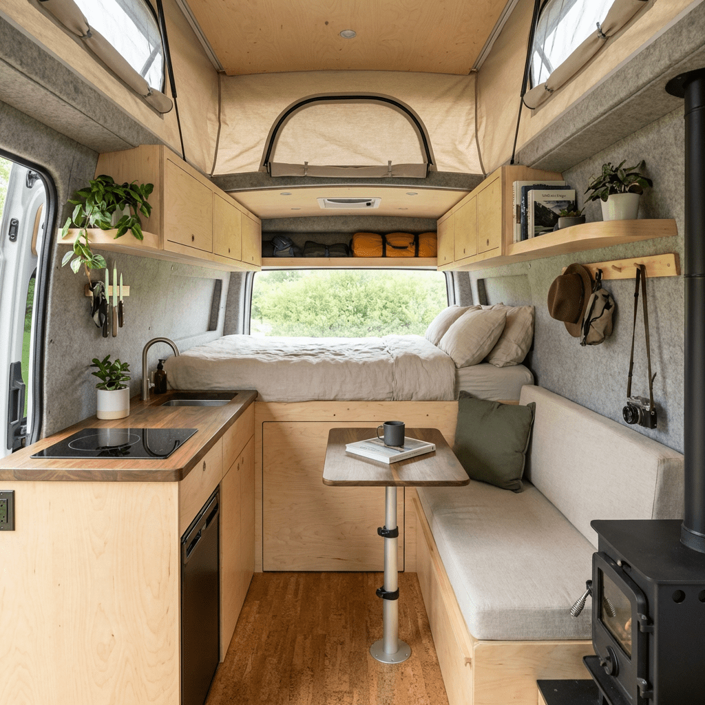 Interior of a modern camper van with wooden cabinetry, a platform bed, and kitchenette.
