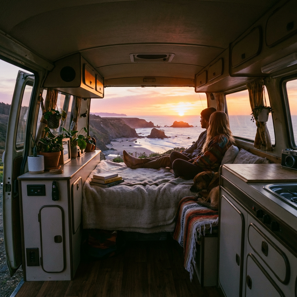 A couple and their dog watch a sunset over the ocean from a camper van.