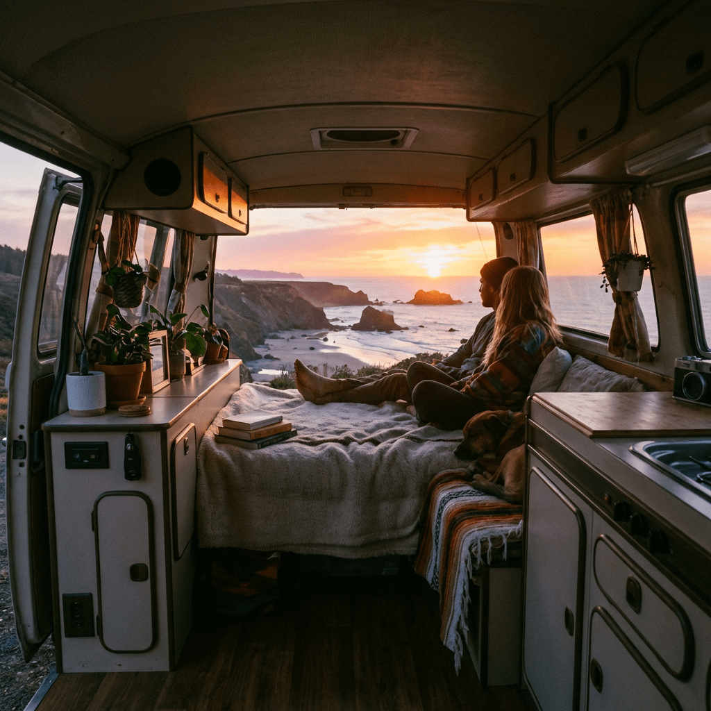A couple and their dog watch a sunset over the ocean from a camper van.